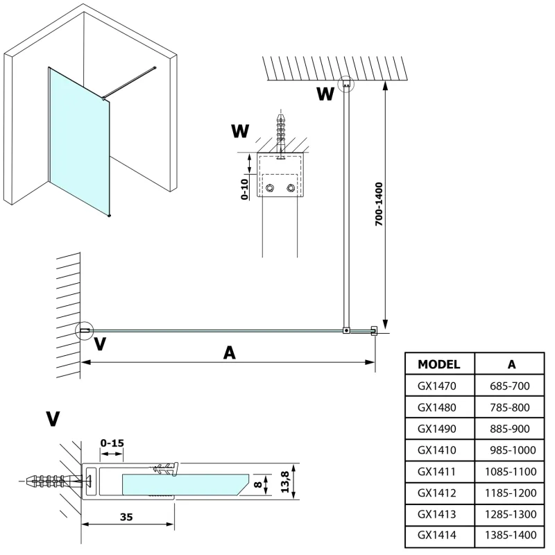 VARIO BLACK jednodílná sprchová zástěna k instalaci ke stěně, matné sklo, 1000 mm (GX1410GX1014)