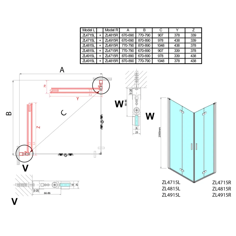 ZOOM obdélníkový sprchový kout 700x800mm, rohový vstup 1