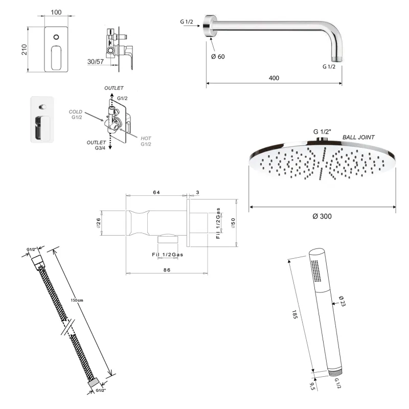 SPY podomítkový sprchový set s pákovou baterií, otočný přepínač, 2 výstupy, bílá mat