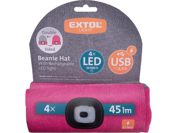 EXTOL LIGHT 43197 - čepice s čelovkou 4x45lm, USB nabíjení, světle šedá/růžová, oboustrann