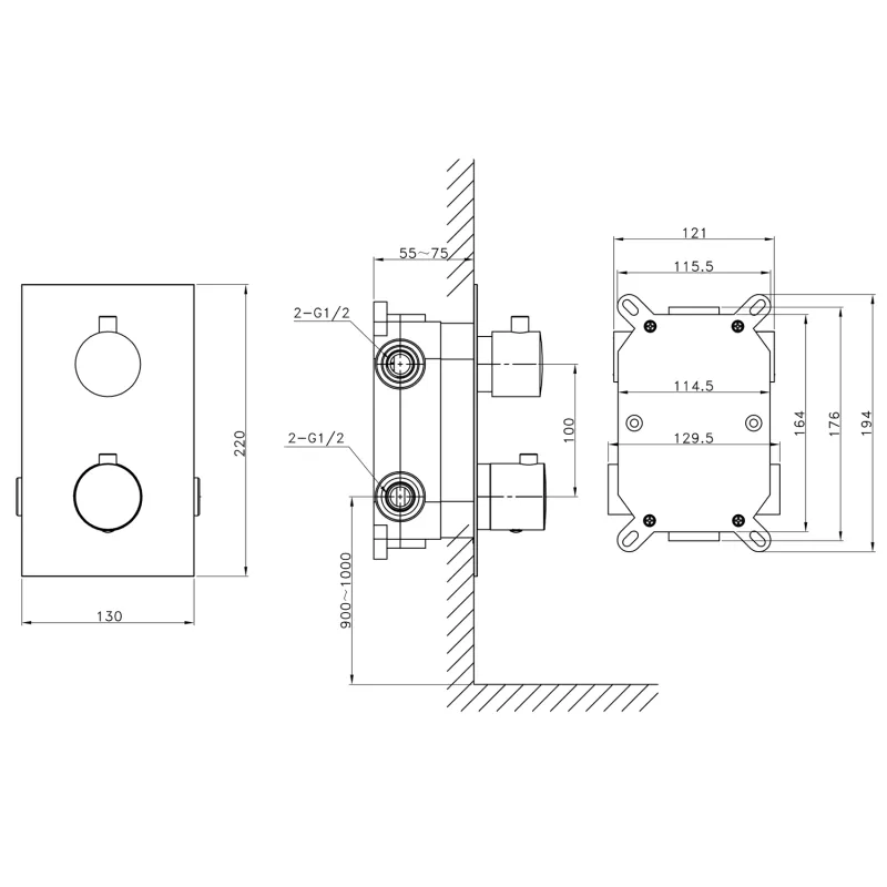 KIMURA podomítková sprchová termostatická baterie, box, 2 výstupy, chrom (KU382)