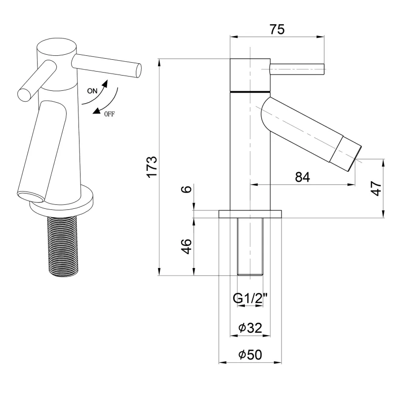 Stojánkový kulový ventil 1/2", 128 mm, chrom (ZY12045)