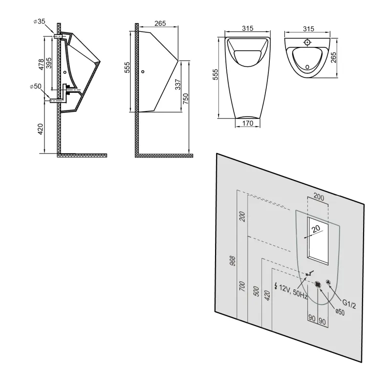 SCHWARN urinál s automatickým splachovačem 6V DC, zadní přívod, zadní odpad (201.722.4)