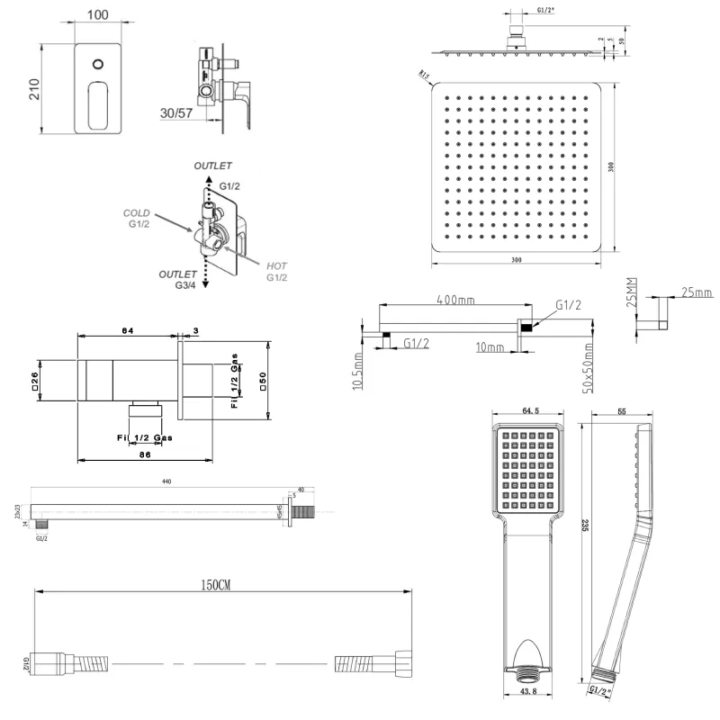 SPY podomítkový sprchový set s pákovou baterií, 2 výstupy, černá (PY42/15-01)