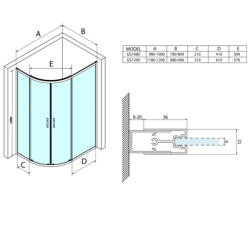 SIGMA SIMPLY čtvrtkruhová sprchová zástěna 1000x800 mm, R550, čiré sklo (GS1080)