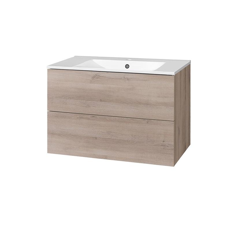 MEREO MP5074 Aira, koupelnová skříňka s keramickým umyvadlem 81 cm, bílá, dub, šedá