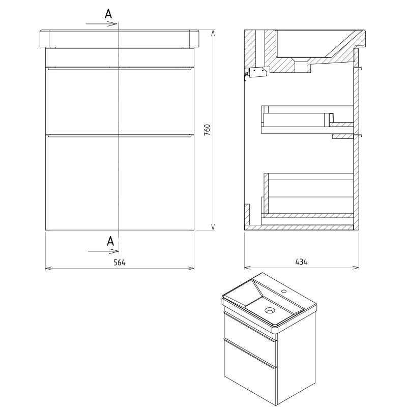 SITIA umyvadlová skříňka 56,4x70x43,4cm, 2xzásuvka, bílá mat