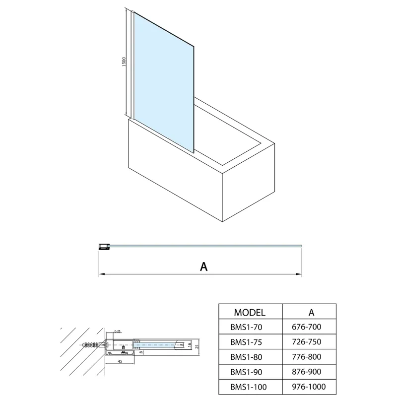 MODULAR SHOWER vanová zástěna 1000x1500mm, čiré sklo (BMS1-100)