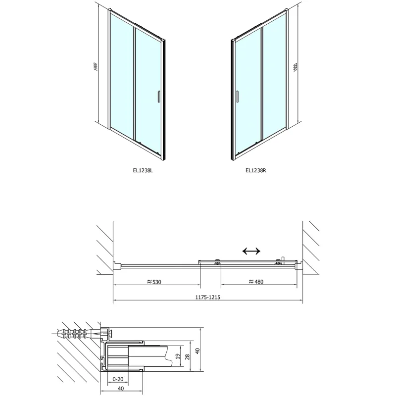 EASY LINE sprchové dveře 1200mm, sklo Brick (EL1238)