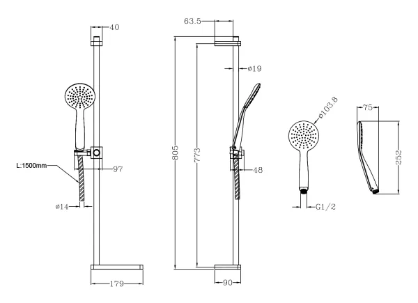 BRIT sprchová souprava s poličkou, posuvný držák, 805mm, chrom (nastavitelná rozteč) (1202-25)