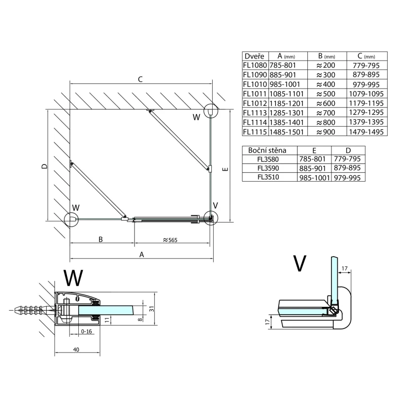 FORTIS čtvercový sprchový kout 1000x1000 mm, L varianta 2