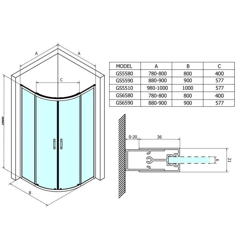 SIGMA SIMPLY čtvrtkruhová sprchová zástěna 1000x1000 mm, R550, čiré sklo (GS5510)