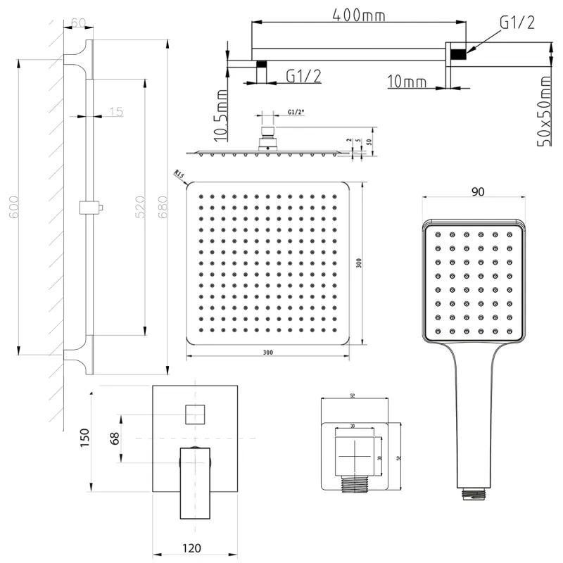 CUBEMIX podomítkový sprchový set s pákovou baterií, 2 výstupy, posuvný držák sprchy, chrom