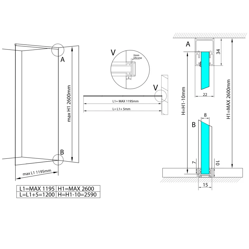ARCHITEX LINE sada pro uchycení skla, podlaha-stěna-strop, max. š. 1200 mm, leštěný  (AL2812)