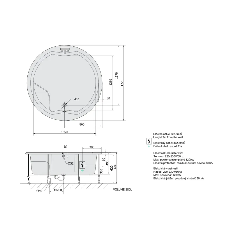 ROYAL ROUND hydromasážní vana, 172x172x49cm, Attraction Hydro-Air, chrom 1