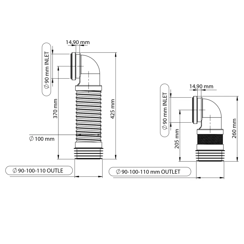 Flexi dopojení s kolenem 90° pro závěsné WC, 205-370 mm (159.320.0)