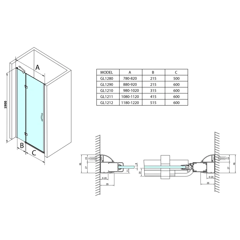 LEGRO sprchové dveře do niky 1200mm, čiré sklo (GL1212)