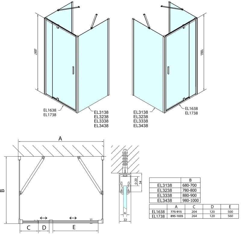 EASY třístěnný sprchový kout 800-900x700mm, pivot dveře, L/P varianta, sklo Brick 1