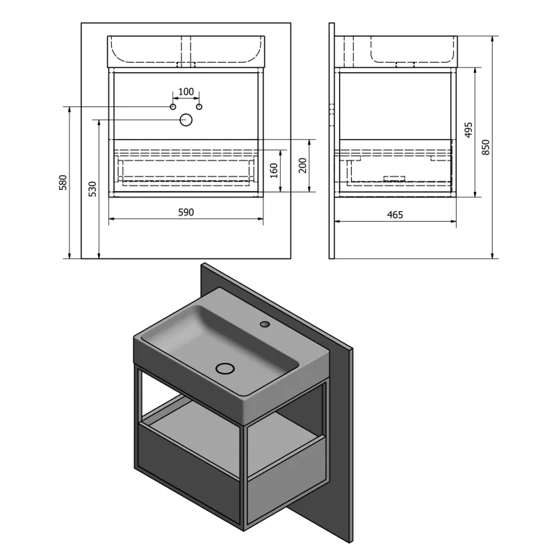 SKARA umyvadlová skříňka 59x49,5x46,5cm, černá mat/dub Collingwood (CG002-1919)