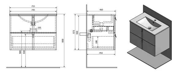 MITRA umyvadlová skříňka 74,5x55x45,2 cm, bordó (MT073)