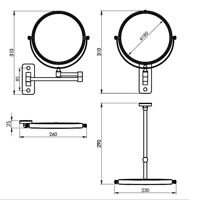 GAIA kosmetické zrcátko závěsné, Ø 180mm, oboustranné, černá mat 1