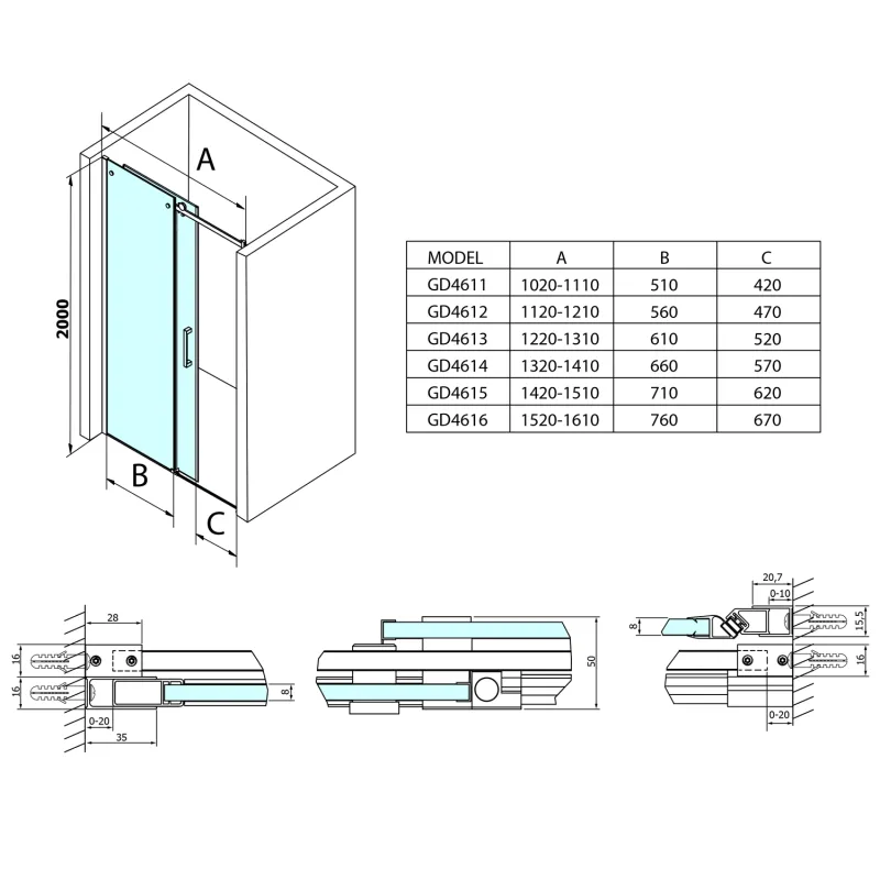 DRAGON sprchové dveře 1100mm, čiré sklo (GD4611)