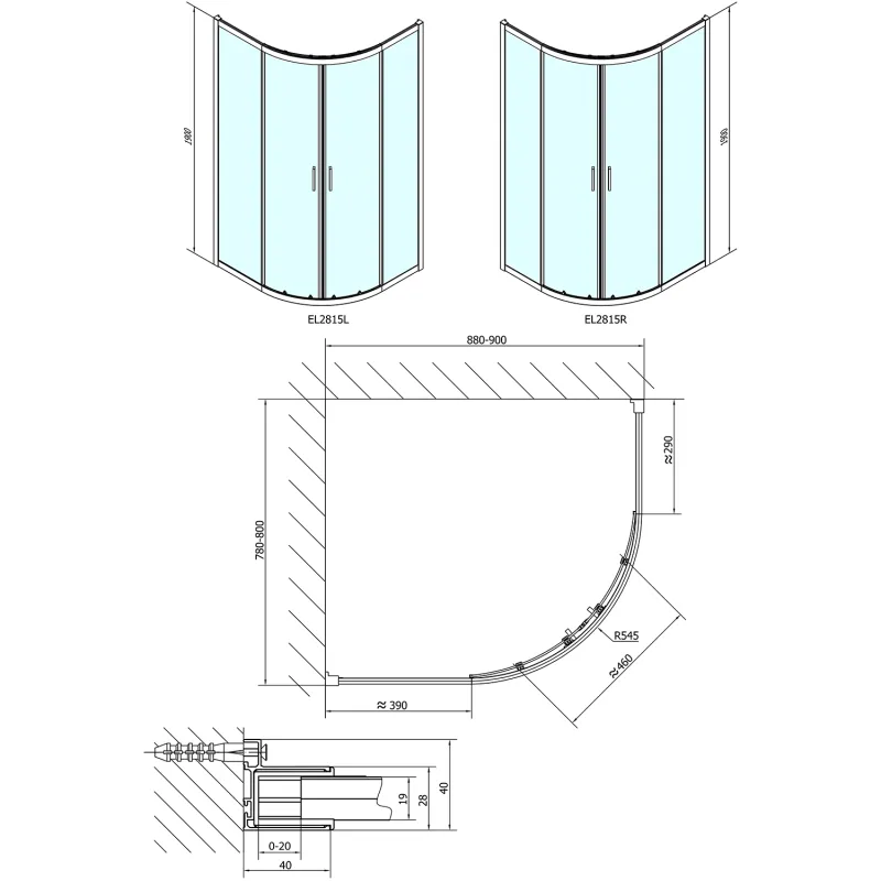 EASY LINE čtvrtkruhová sprchová zástěna 900x800mm, L/R, čiré sklo (EL2815)