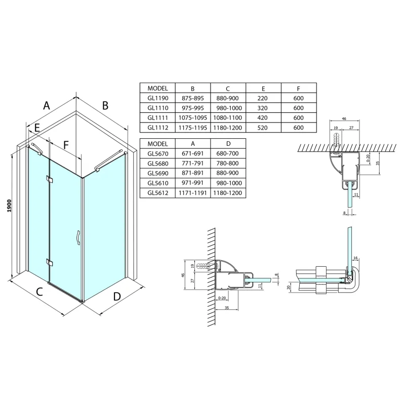 LEGRO sprchové dveře 1100mm, čiré sklo (GL1111)