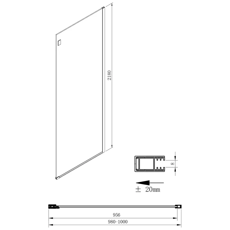 VOLCANO BLACK boční stěna 1000 mm, čiré sklo (GV3410)