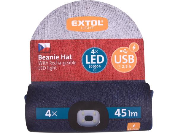 EXTOL LIGHT 43450 - čepice s čelovkou 4x45lm, USB nabíjení, bílá/červená/modrá, univerzáln