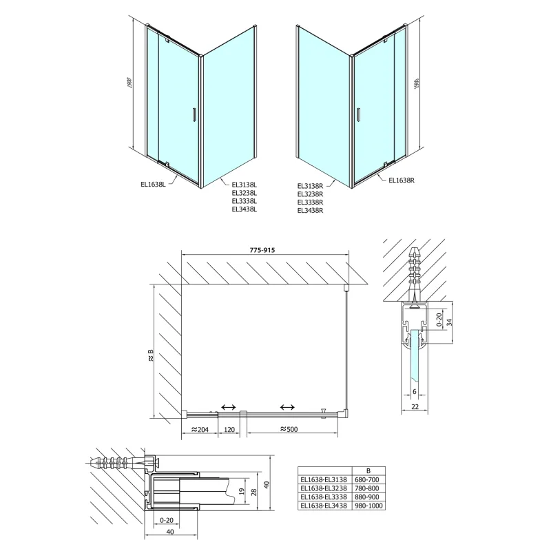 Easy Line obdélníkový sprchový kout pivot dveře 800-900x1000mm L/P varianta, brick s (EL1638EL3438)