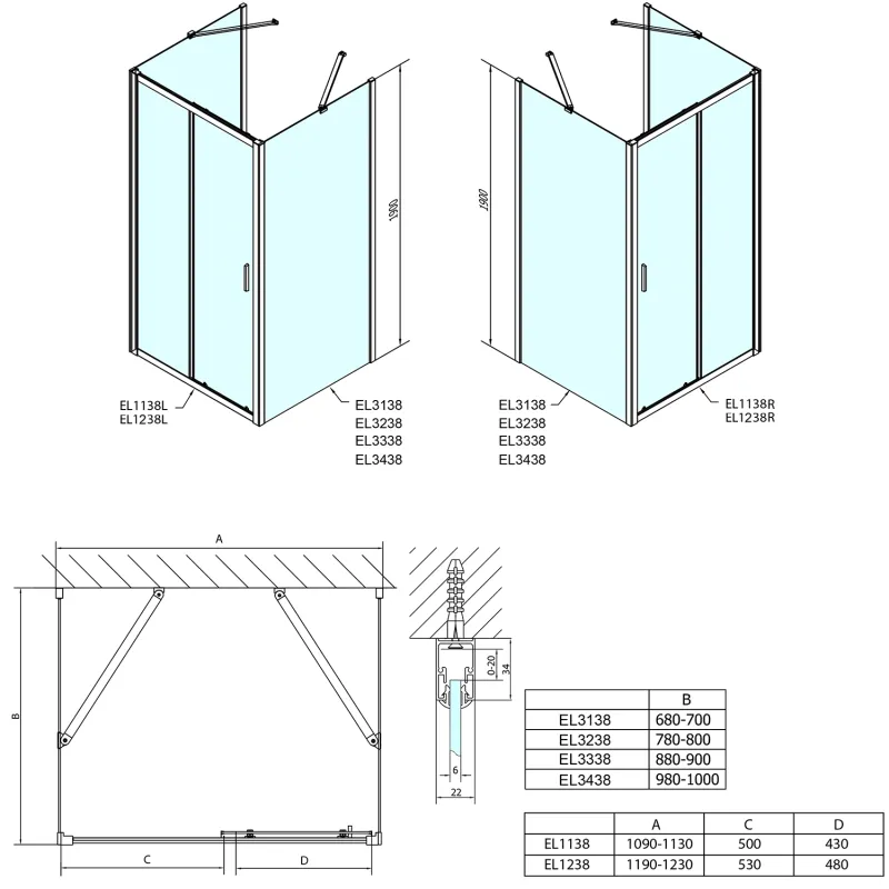 EASY LINE třístěnný sprchový kout 1100x900mm, L/P varianta, Brick sklo (EL1138EL3338EL3338)