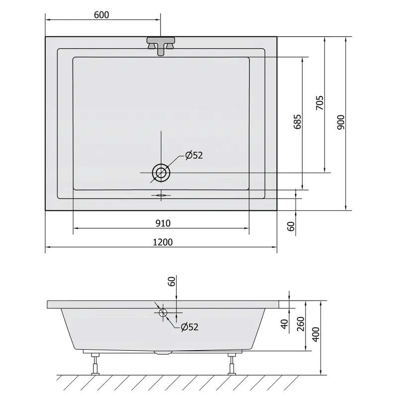 DEEP hluboká sprchová vanička s konstrukcí, obdélník 120x90x26cm, bílá (72392)