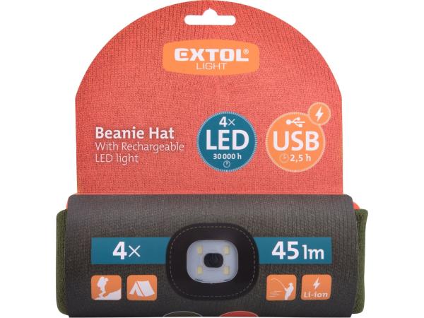 EXTOL LIGHT 43460 - čepice s čelovkou 4x45lm, USB nabíjení, fluorescentní oranžová/khaki z