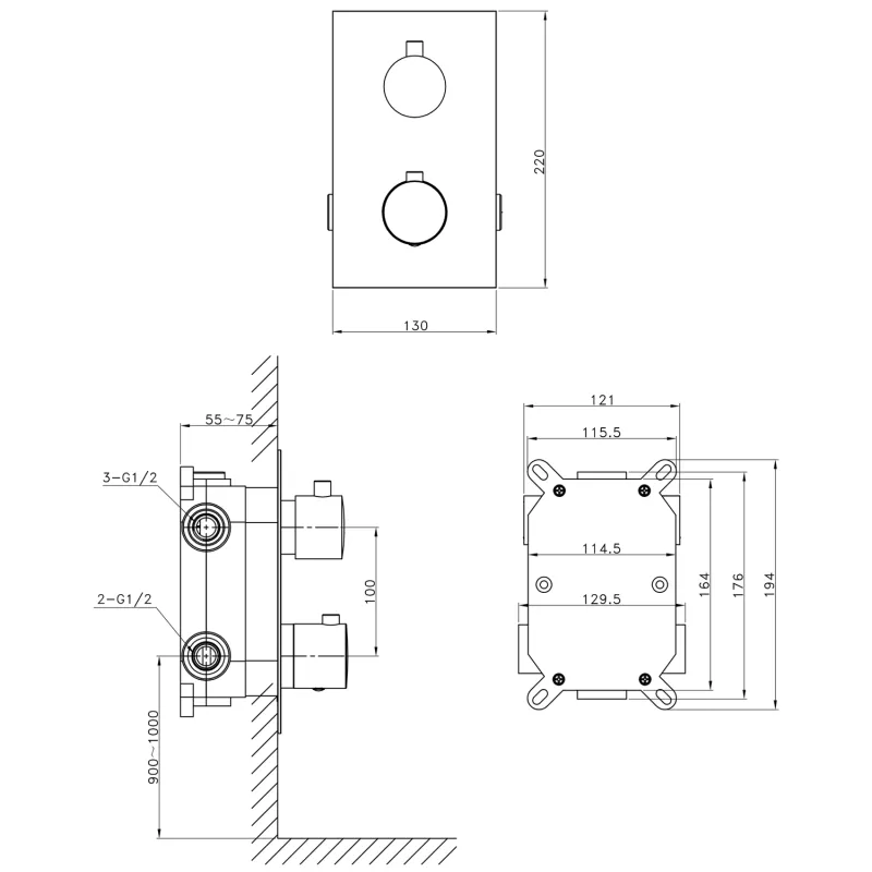 KIMURA podomítková sprchová termostatická baterie, box, 3 výstupy, chrom (KU383)