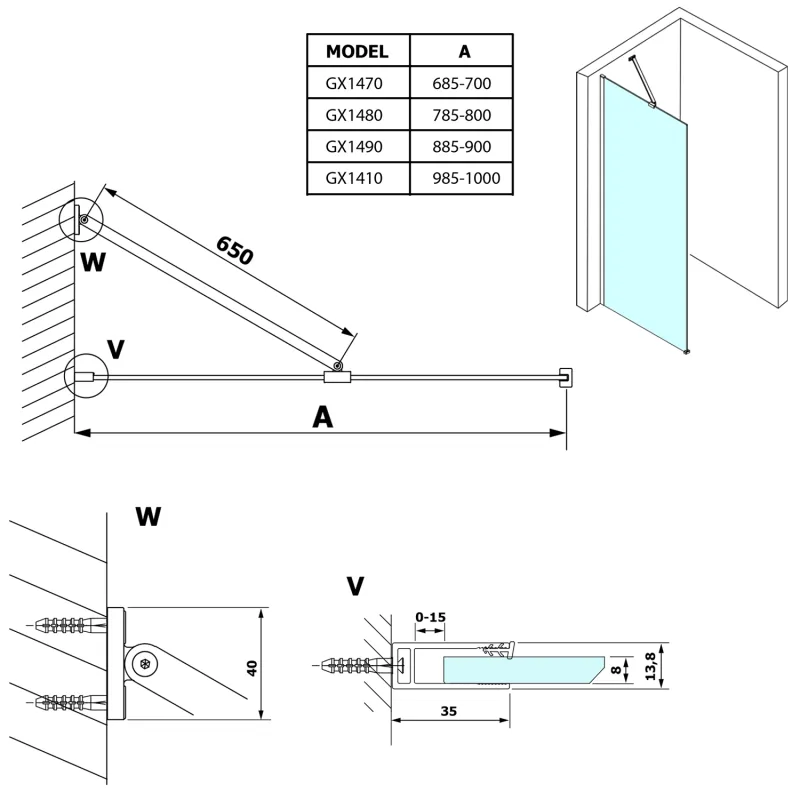 VARIO CHROME jednodílná sprchová zástěna k instalaci ke stěně, matné sklo, 700 mm (GX1470GX1010)