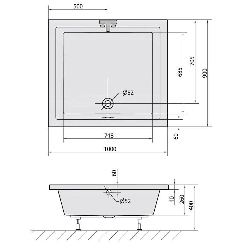 DEEP hluboká sprchová vanička s konstrukcí, obdélník 100x90x26cm, bílá (72349)