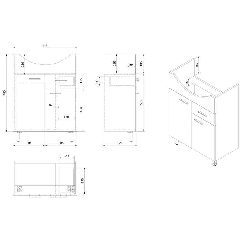 ZOJA umyvadlová skříňka 61,5x74x32cm, 2x dvířka, 1x zásuvka, bílá (51065A)