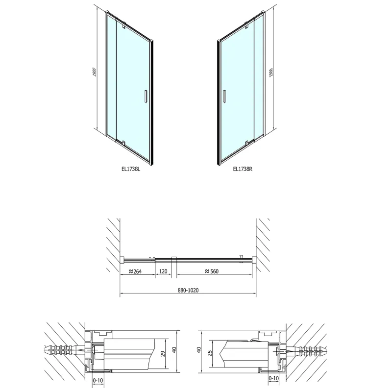 EASY LINE sprchové dveře otočné 880-1020mm, sklo BRICK (EL1738)