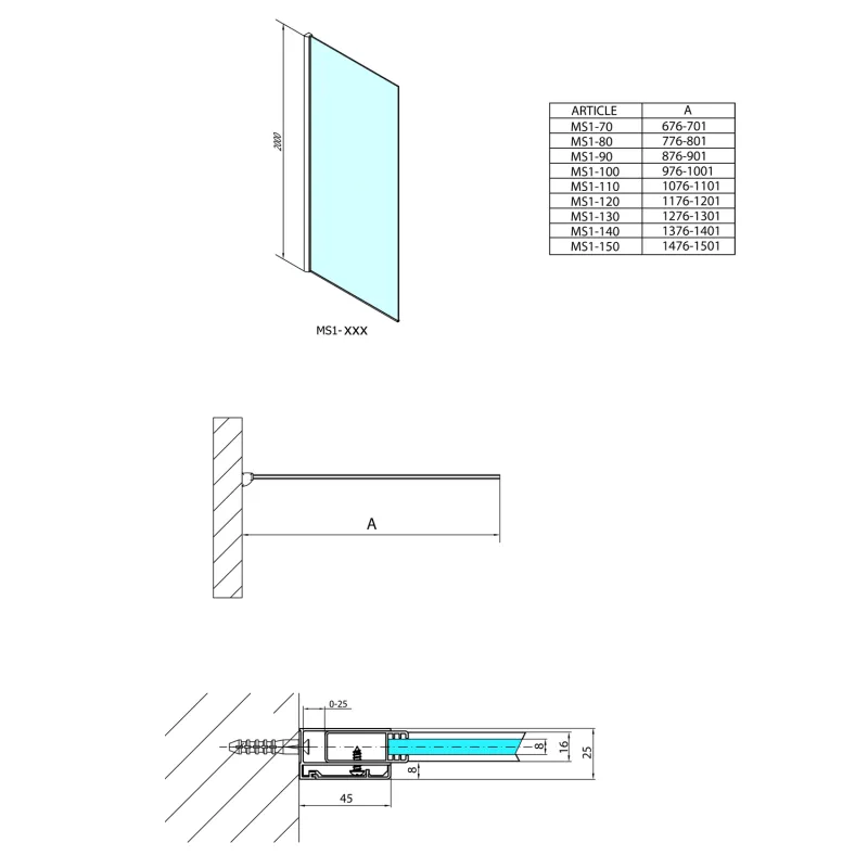 MODULAR SHOWER jednodílná zástěna pevná k instalaci na zeď, 1000 mm (MS1-100)