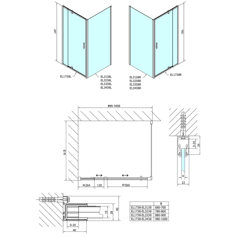 Easy Line obdélníkový sprchový kout pivot dveře 900-1000x700mm L/P varianta, brick s (EL1738EL3138)