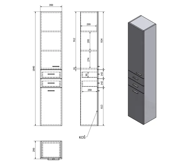 ZOJA/KERAMIA FRESH skříňka vysoká s košem 35x184x29cm, dub platin (51232)