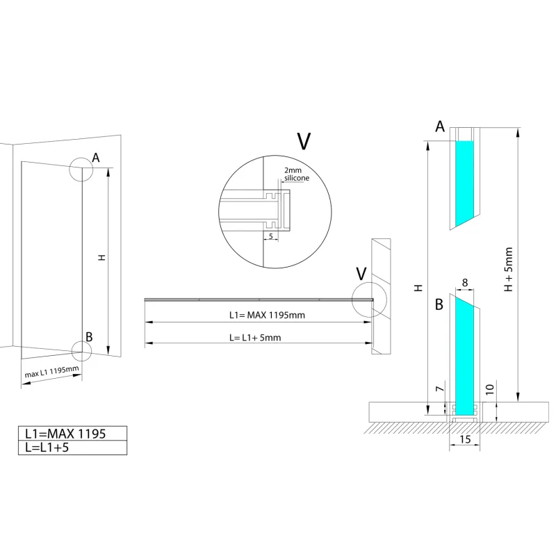 ARCHITEX LINE sada pro uchycení skla, podlaha-stěna, max. š. 1200 mm, leštěný hliník (AL2112)