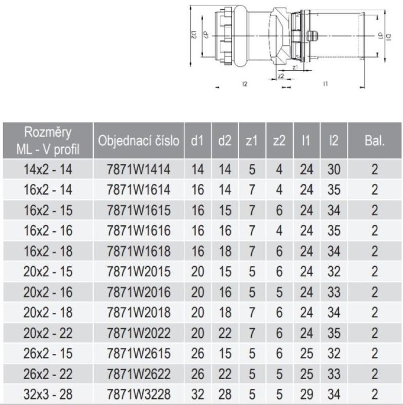 COMAP MULTISKIN 7871W přechod (16x2)xCu15mm, přímý, s profilem V, lisovací, voda, mosaz