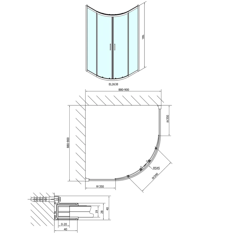 EASY LINE čtvrtkruhová sprchová zástěna 900x900mm, sklo BRICK (EL2638)