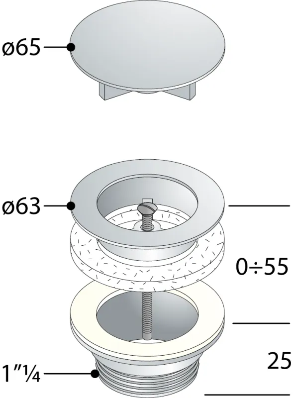 Umyvadlová výpust 5/4“, neuzavíratelná, velká zátka, 10-55mm, černá