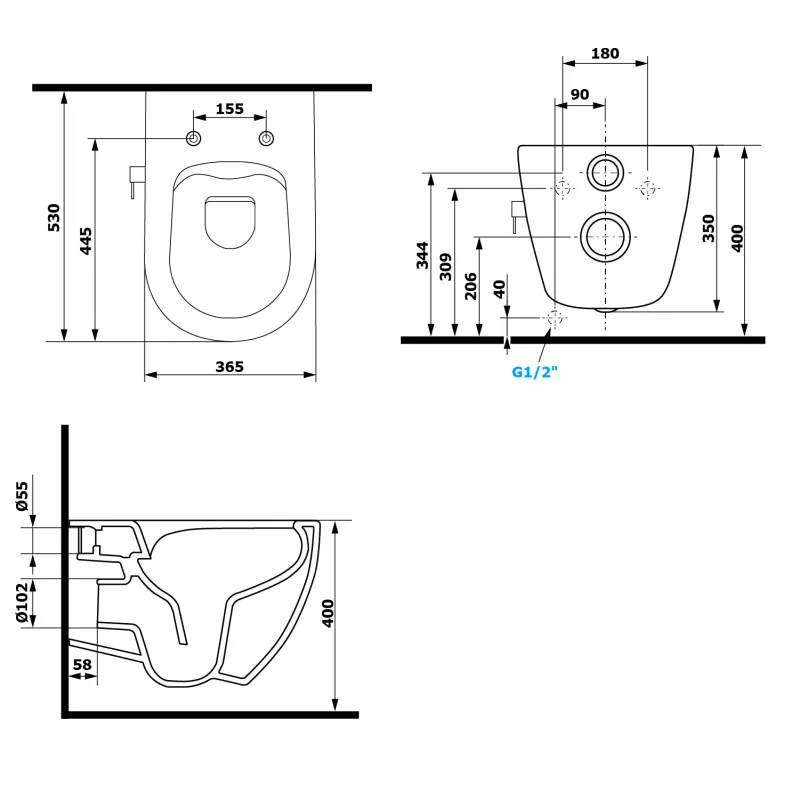 INFINITY závěsná WC mísa Rimless, integrovaný ventil a bidet. sprška, 36,5x53 cm, bí (10NFS1001I)