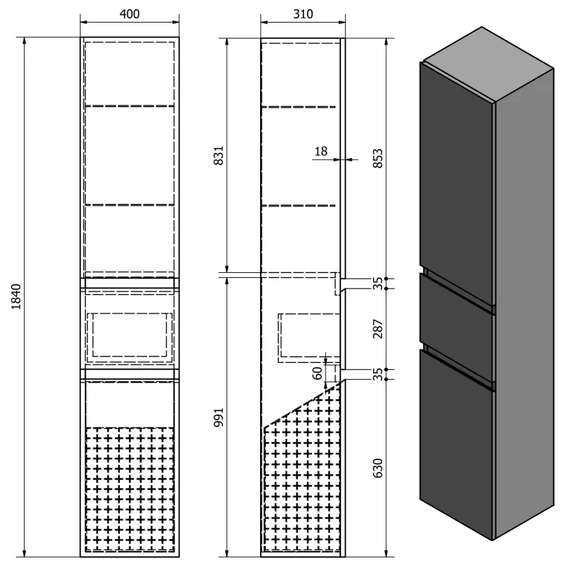 ALTAIR vysoká skříňka s košem 40x184x31cm, pravá, dub emporio