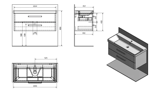 THEIA umyvadlová skříňka 101,4x43,3x44,2cm, 2xzásuvka, bílá (TH105-3030)