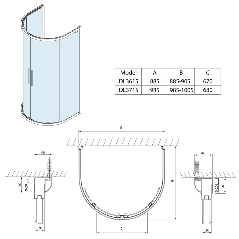 LUCIS LINE půlkruhová sprchová zástěna 1000x1000mm, čiré sklo (DL3715)